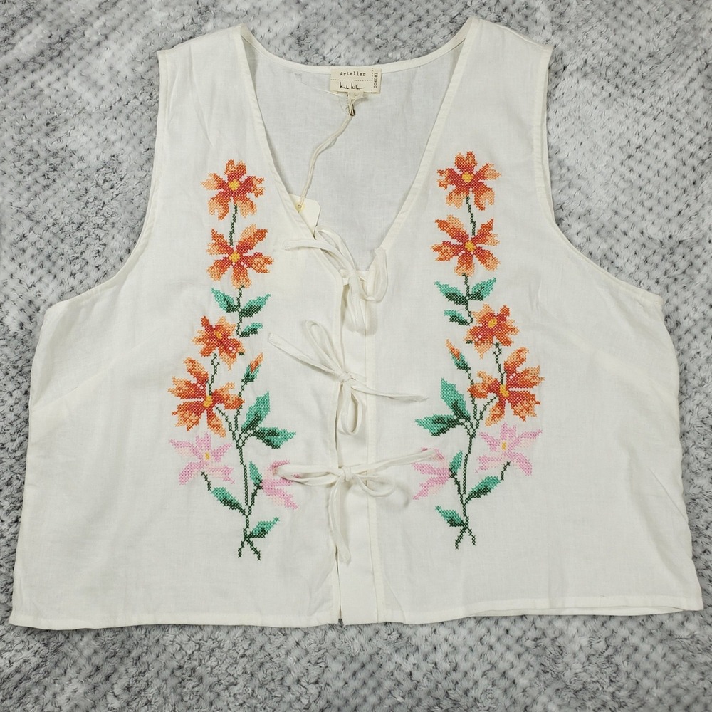 Nicole Miller Artelier Linen Floral Hand Embroidered Tie Front V-Neck Top Large